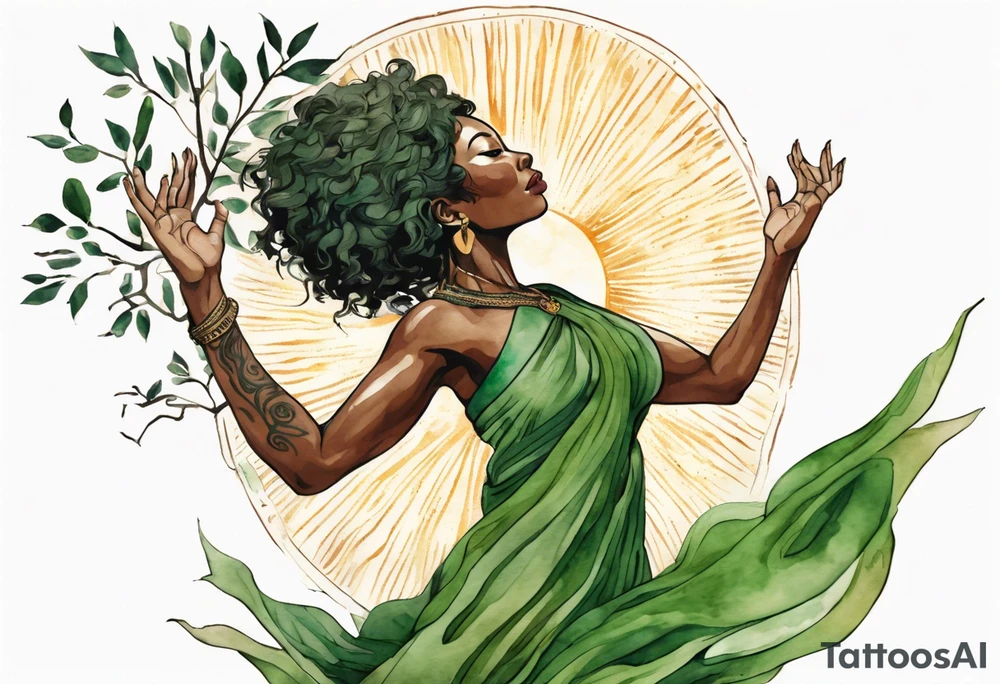 a tree trunk with roots that is a beautiful black woman from the waist up, arms reaching up to the sun, wearing a green tunic tattoo idea