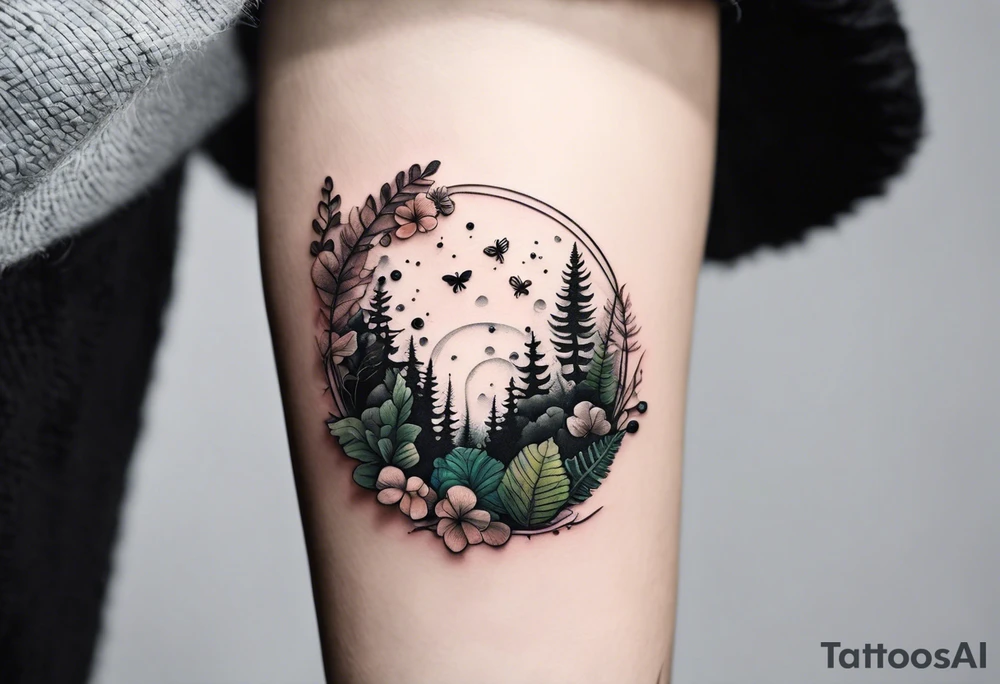 forest floor inspired minimalist tattoo, which includes grass, curly ferns, moss and dead leaves as the bulk of the tattoo. details to include: forest berries, a tiny bumblebee flying nearby, three small brown mushrooms
Generate a vertically long one tattoo idea