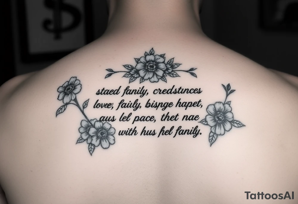 Meaningful quotes that has meanings such as family, love, kindness, fairness, respect, trust, loyalty, humour, honesty, hardworking, thoughtful, sharing and it has some flowers as a background or just around it tattoo idea