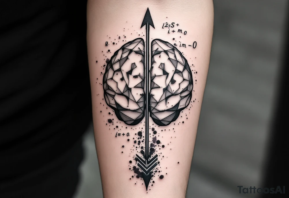 A geometric, vertical, front-seen brain. A detailed arrow crosses from below and exit from the top, with its tip desintegrating to represent entropy and watercolor stains spilled from the arrow. Around of the main tattoo, math and physics formulas, including the formulas "ΔS ≥ 0" and "(iδ + m) Φ = 0" tattoo idea