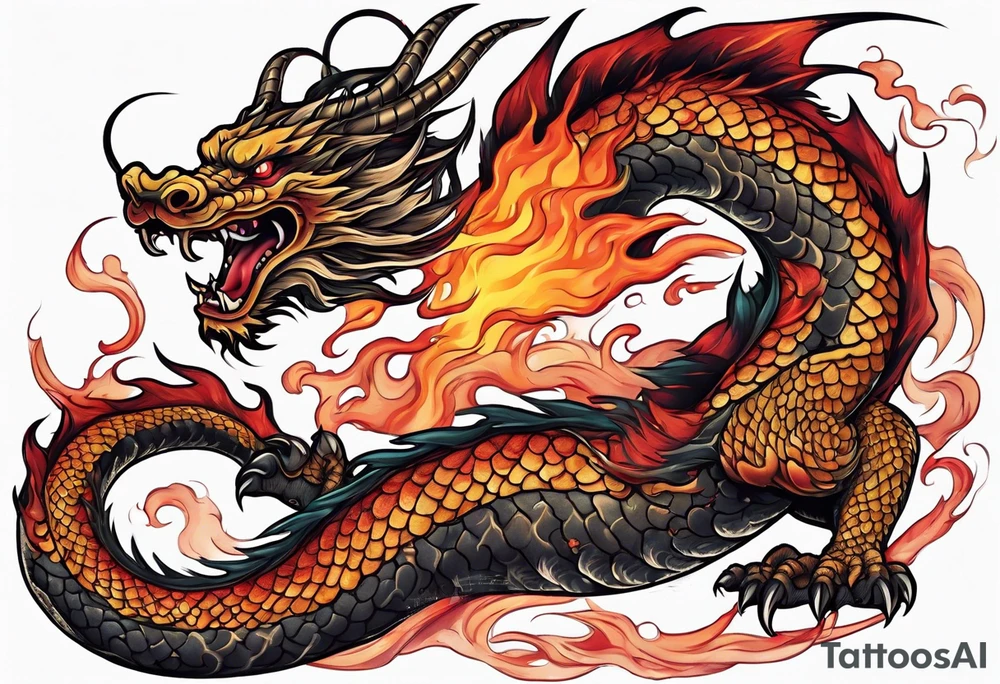 japanese dragon with flames and red highlights on a meat jerky label tattoo idea