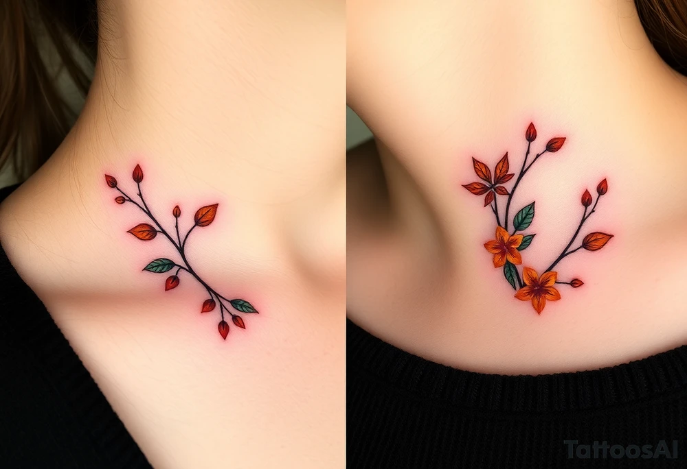 Two separate collarbone tattoos of long, thin stems and branches covered with red, orange, yellow and dark forest green leaves and flowers, fall themed, muted, delicate and gentle but moody, long and thin, following the collarbone. tattoo idea