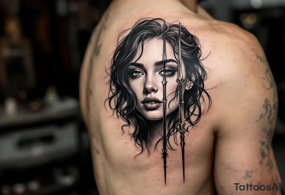 gentle woman face with black hair behind trident tattoo idea