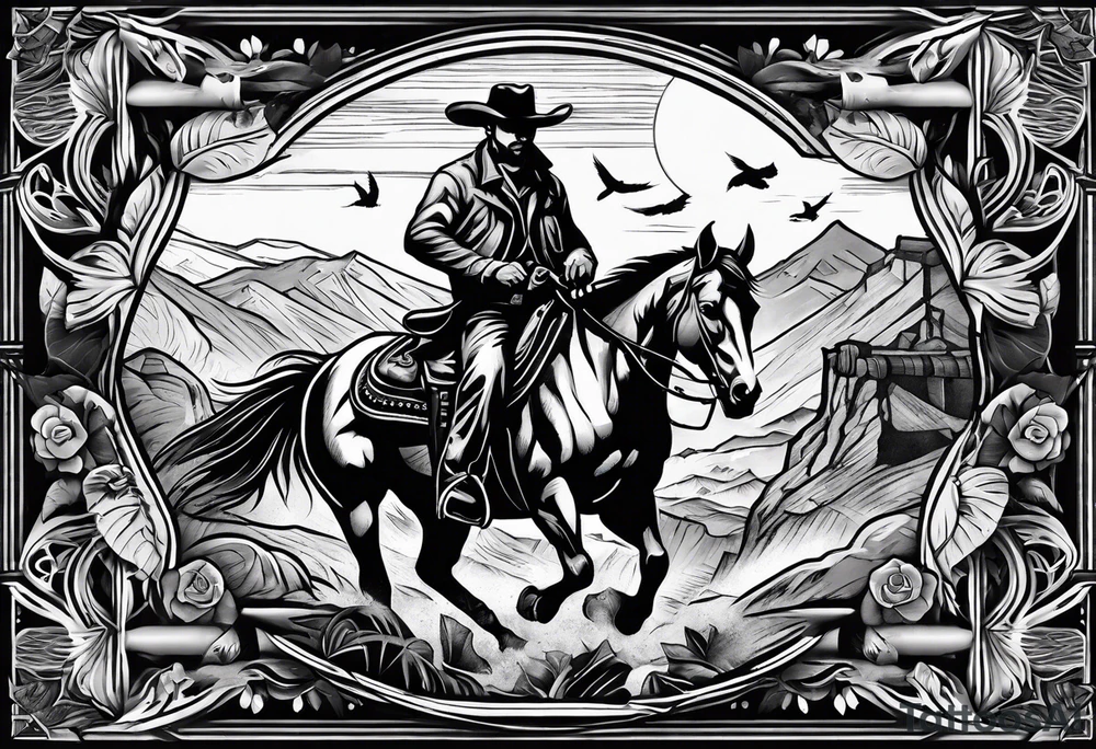 sleeve with a wild west vibe with elements of a cowboy, playing cards, and birds tattoo idea