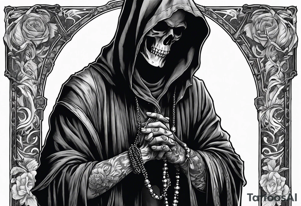 The grim reaper standing from a side profile praying with a rosary wrapped around his hands from a far tattoo idea
