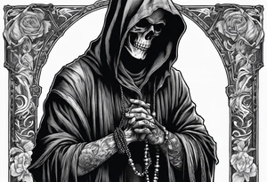 The grim reaper standing from a side profile praying with a rosary wrapped around his hands from a far tattoo idea