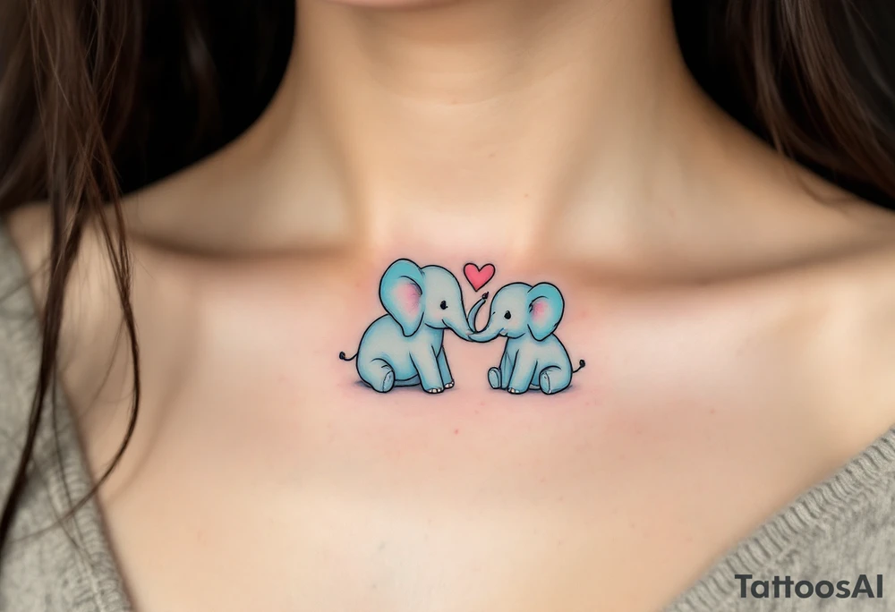Mama elephant and baby elephant in pastel blue, trunks forming a heart, drawn with thick black outlines. tattoo idea