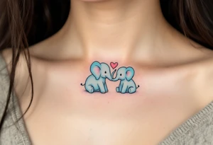 Mama elephant and baby elephant in pastel blue, trunks forming a heart, drawn with thick black outlines. tattoo idea