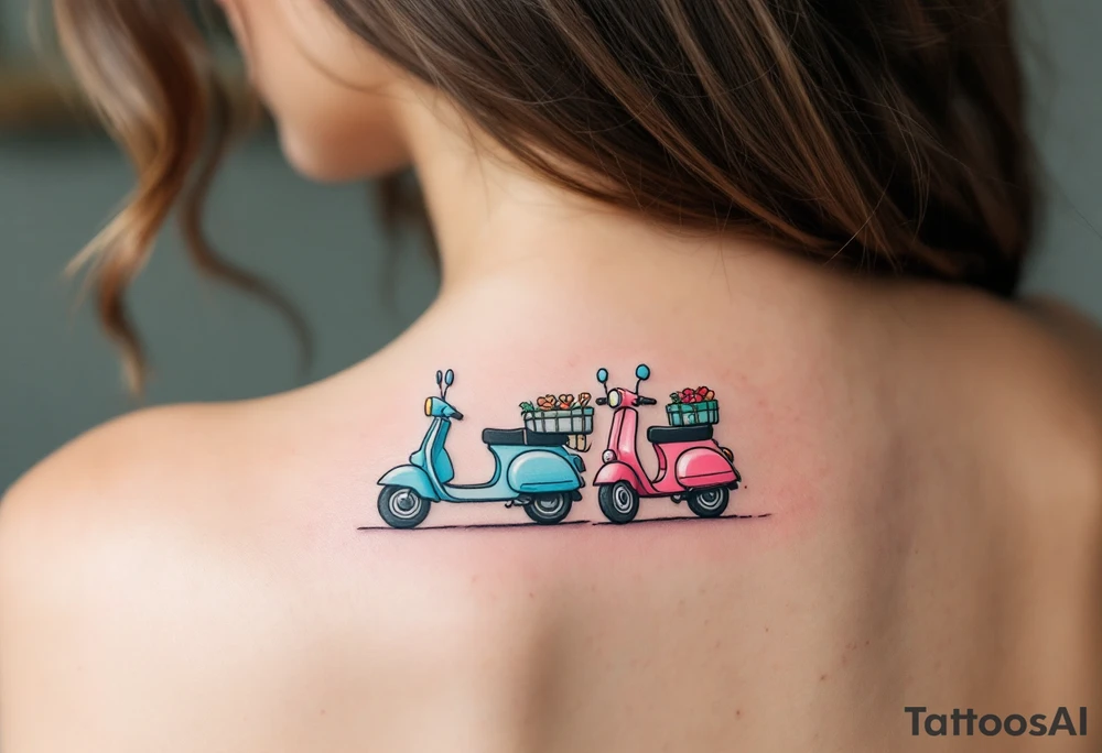 2 scooters, blue and pink, riding together tattoo idea