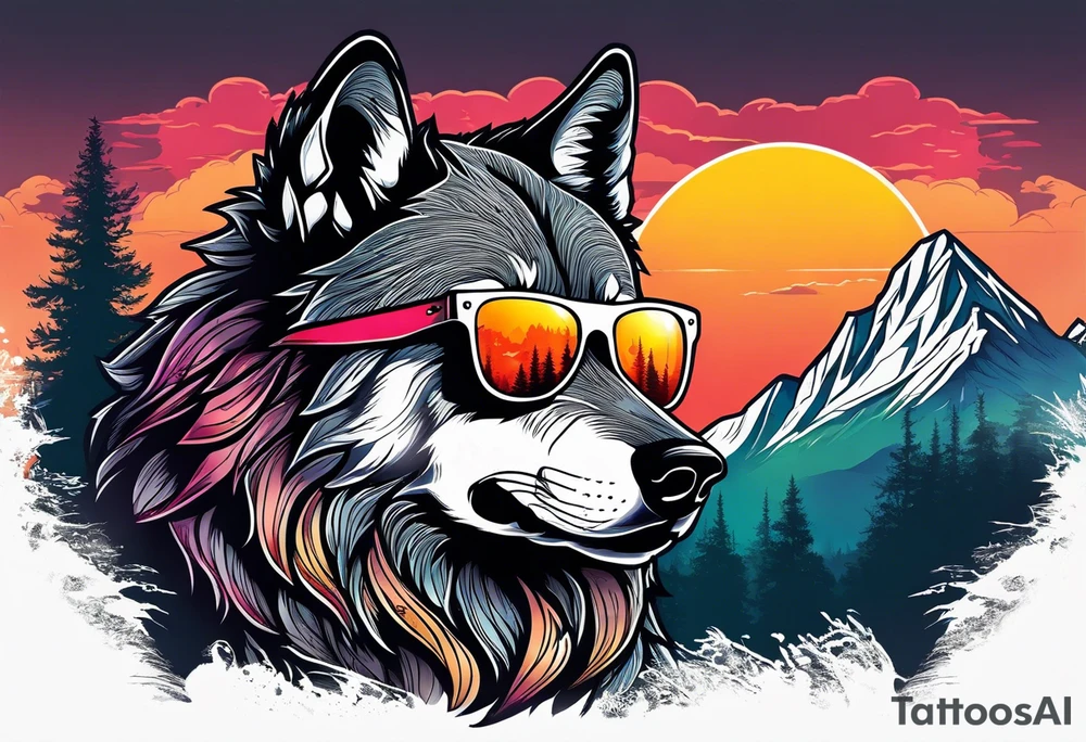 Badass wolf wearing sunglasses
Dark woods
Mountain peaks
Sunset tattoo idea