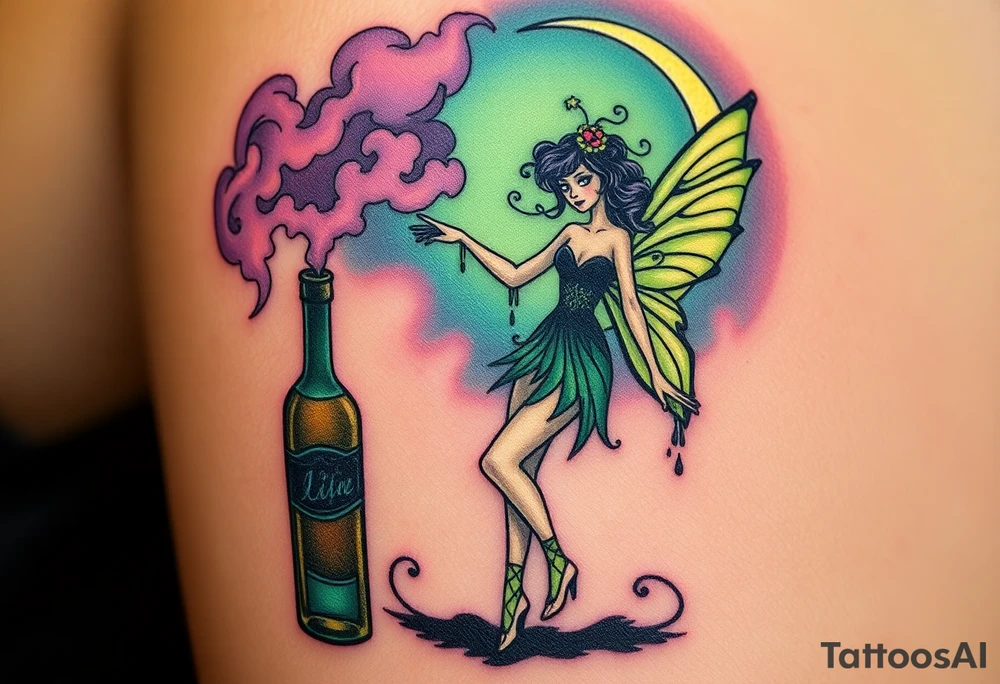 Tim Burton’s pin up style Vintage Parisian elegant and beautiful yet eerie full body absinthe Green Fairy dances outside her victorian crystal decatur absinthe bottle Absinthe Art Nouveau   and dripping with muted reds, dusty pinks, and eerie green glow.purple and cyan smokey clouds swirl in the crescent moonlit sky thats sprinkled with stars tattoo idea