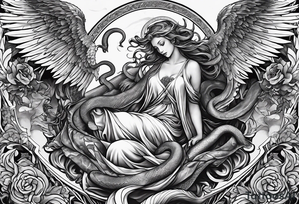 Full back piece depicting biblically accurate angels killing a snake tattoo idea