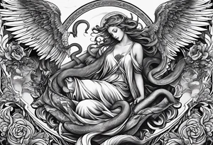 Full back piece depicting biblically accurate angels killing a snake tattoo idea
