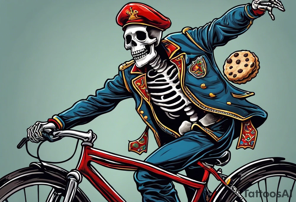 Lifelike skeleton wearing bicycle uniform while riding a road bike. The skeleton is grinning and holding a cookie in its left hand tattoo idea