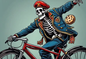 Lifelike skeleton wearing bicycle uniform while riding a road bike. The skeleton is grinning and holding a cookie in its left hand tattoo idea