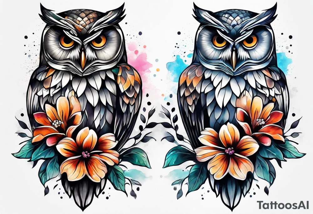 Owl and flowers full arm sleeve tattoo idea