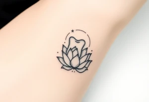 Small molar tooth outlined in thin black lines, floating above an open lotus flower with a crescent moon rising behind it and faint stardust around.” tattoo idea