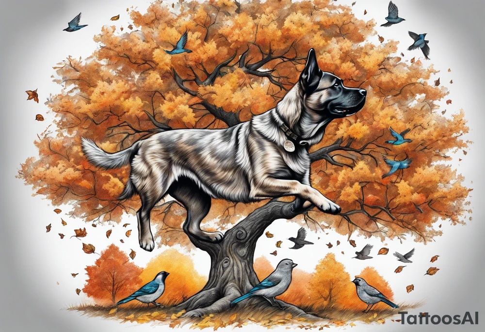 Autumn tree with a medium size grey brindle dog sitting under it and to the right facing it looking up and birds flying from the top right of the tree far view and full tree tattoo idea