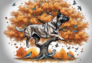 Autumn tree with a medium size grey brindle dog sitting under it and to the right facing it looking up and birds flying from the top right of the tree far view and full tree tattoo idea