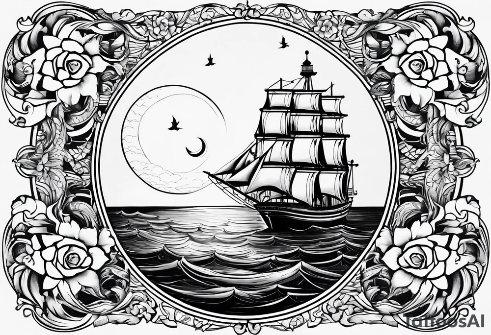 bateau, phare maritime, phoenix, rose des vents et lune bleu. tattoo idea