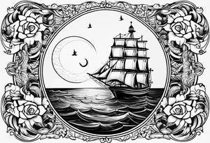 bateau, phare maritime, phoenix, rose des vents et lune bleu. tattoo idea