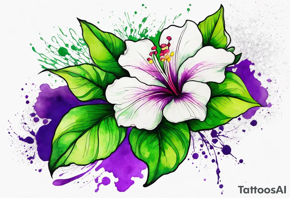 An outline of a green rio dipladenia flower and a green/purple watercolor splash in the background tattoo idea