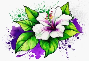 An outline of a green rio dipladenia flower and a green/purple watercolor splash in the background tattoo idea