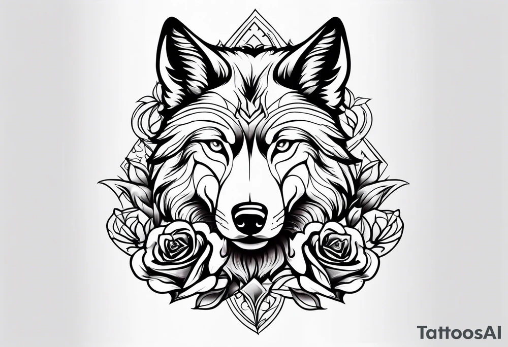 Rose with flames from top into a wolf tattoo idea