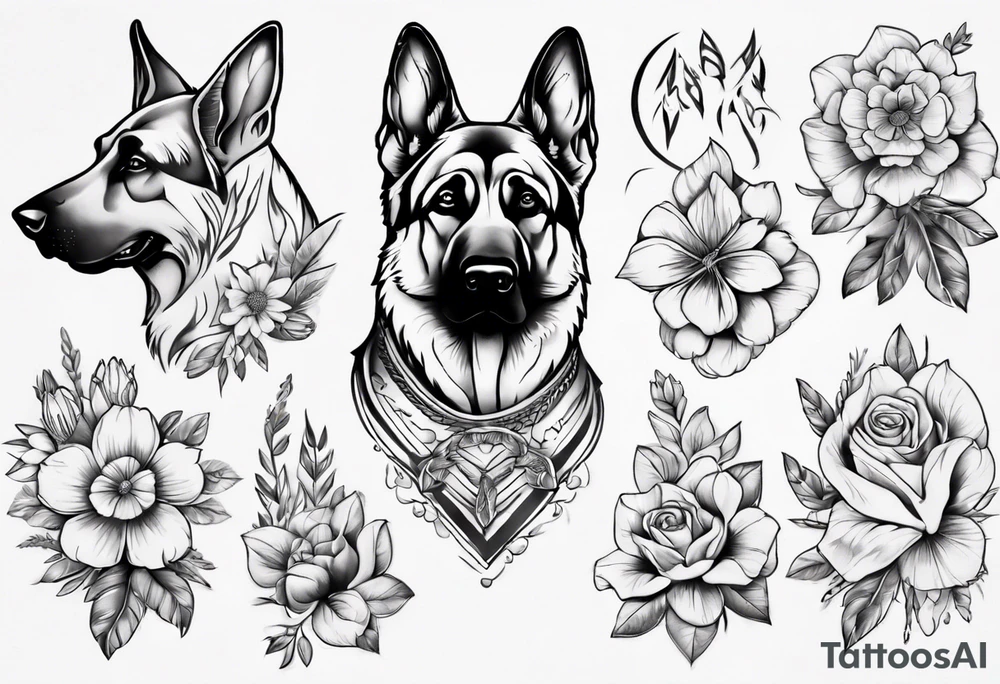 German Shepherd with flowers tattoo idea