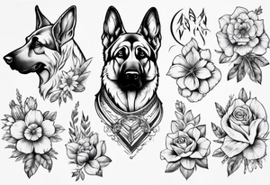 German Shepherd with flowers tattoo idea