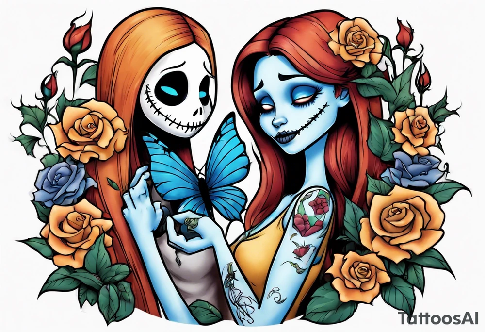 Nightmare before Christmas Sallyholding a flower. With a blue butterfly flying around her. tattoo idea