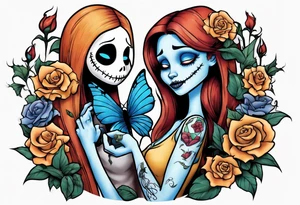 Nightmare before Christmas Sallyholding a flower. With a blue butterfly flying around her. tattoo idea