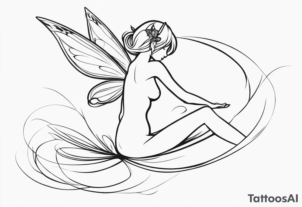 Minimalistic, monochromatic fairy with a tail flying to the left in a fetal position, leaning and looking in the same direction, with visible hands, embodying the 'Fairy Tail' logo aesthetic. tattoo idea