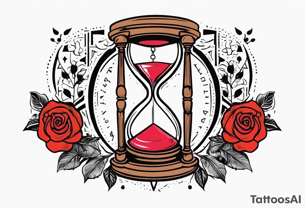 I want a design to print on t-shirts. The design is an hourglass with a wristwatch in the middle with Amazigh numbers, and this watch is surrounded by planets and Ashulk roses. tattoo idea