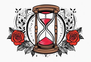 I want a design to print on t-shirts. The design is an hourglass with a wristwatch in the middle with Amazigh numbers, and this watch is surrounded by planets and Ashulk roses. tattoo idea