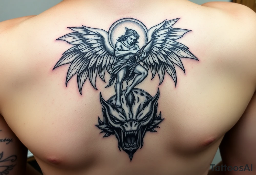 i want to fill my whole forearm so a full half sleeve can you generate archangel micheal stepping on the devils head like defeating him and then can you put  proverbs 21:39 below and put my moms name “Sharnay” with her eyes and fill wtv you want in with the rest just match the theme put it on the forearm tattoo idea