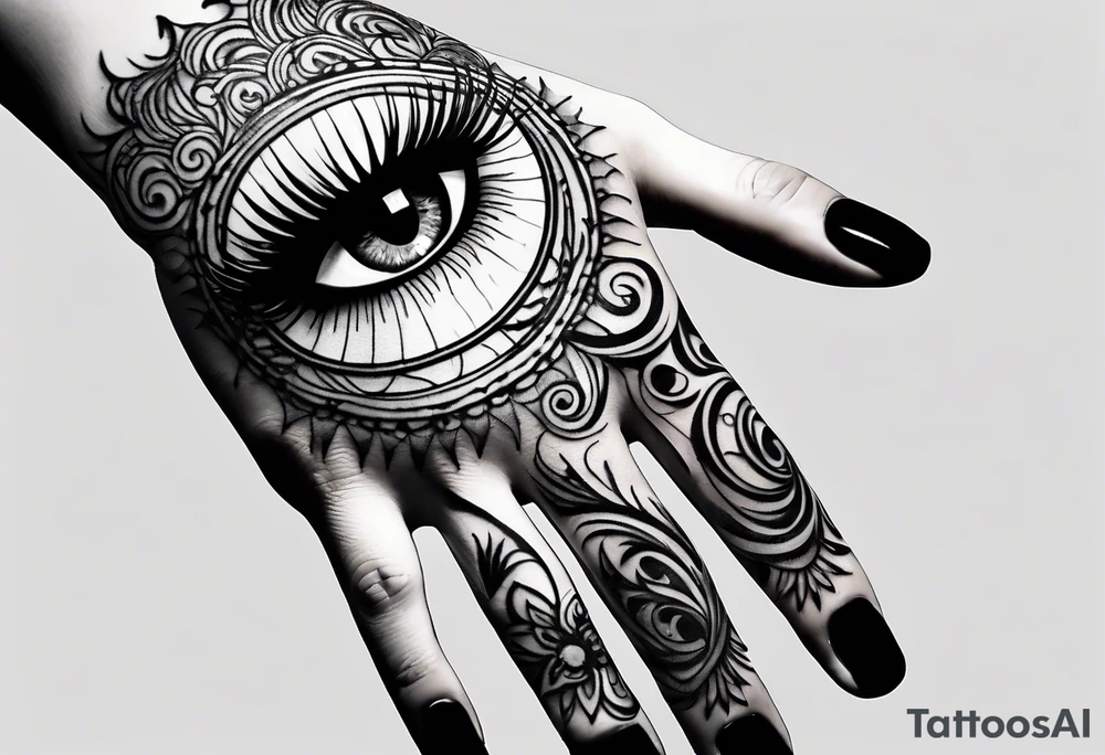 Elbow length lace glove with swirls and whorls of black ink and large feline eye on the palm tattoo idea