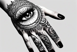 Elbow length lace glove with swirls and whorls of black ink and large feline eye on the palm tattoo idea