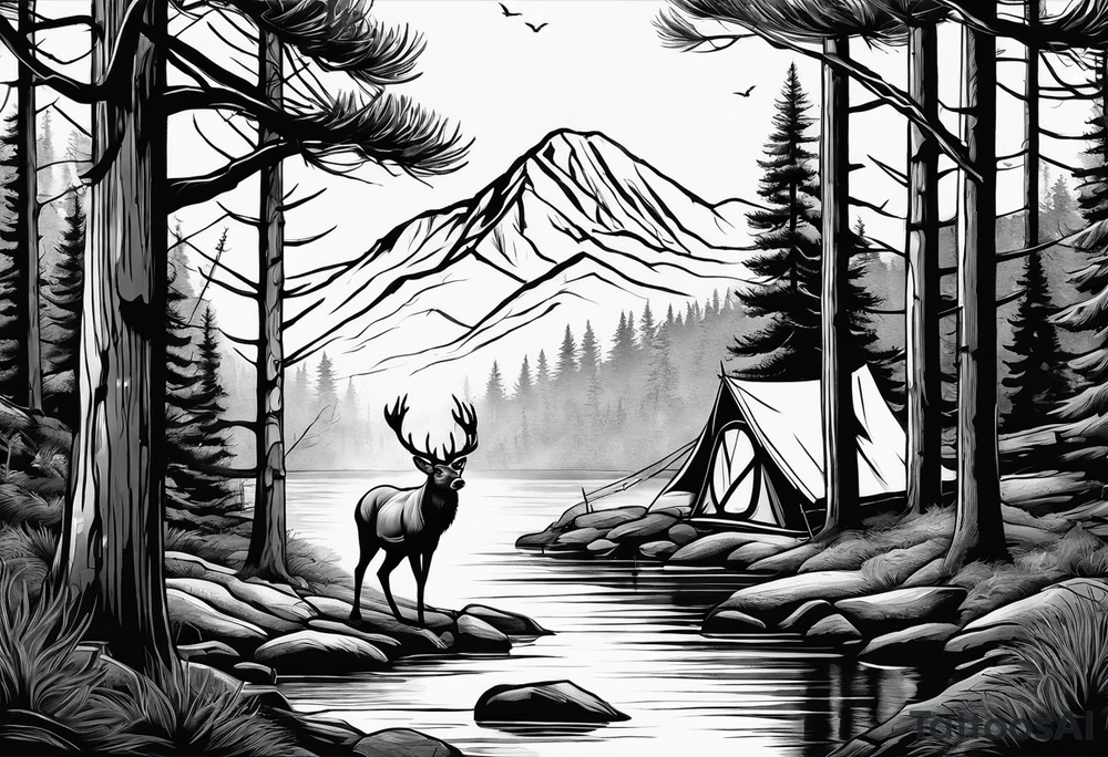 Pine forest with a tent and a buck deer and a river tattoo idea