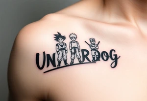 the word underdog in a with 3 anime characters Goku  and Naruto and ippo the boxig anime one standing in the middle one standing on the right and one standing on the left
 above the word tattoo idea
