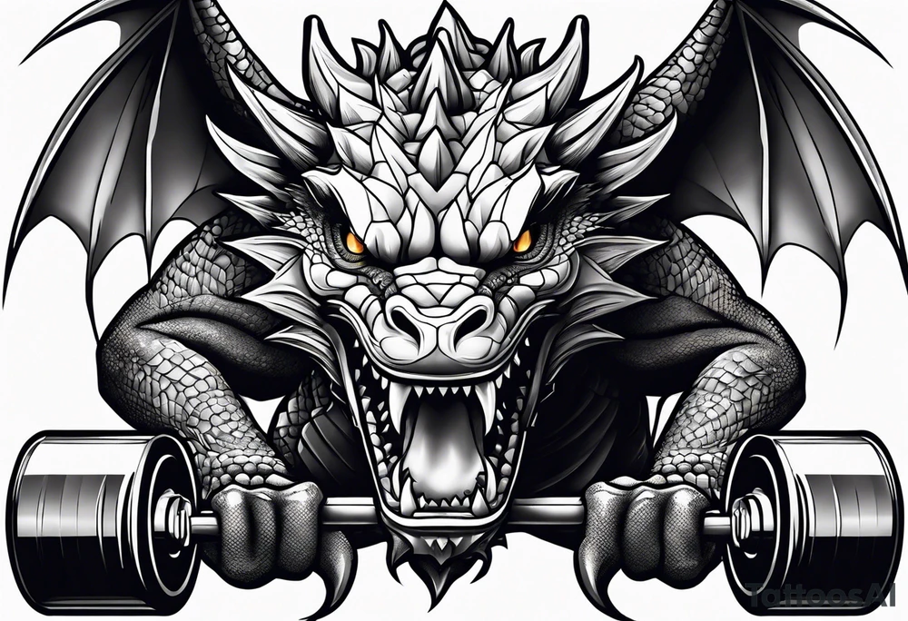 Dragon biting a dumbbell tattoo idea