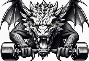 Dragon biting a dumbbell tattoo idea