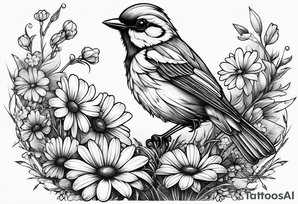 Little bird out perched on grass and daisys tattoo idea