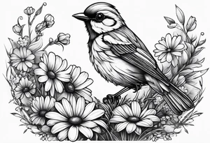 Little bird out perched on grass and daisys tattoo idea