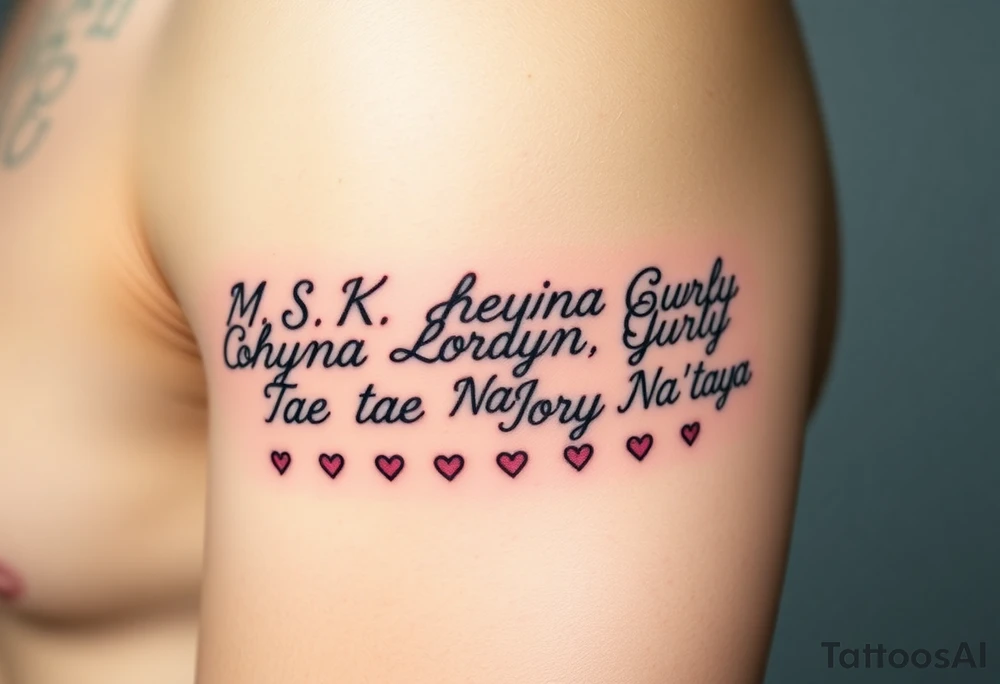 Cursive words that say, M.S.K

Chyna
Londyn
Gurly 
Tae tae 
Na’Jorya 
Na’taya, surrounded by little hearts & stars tattoo idea