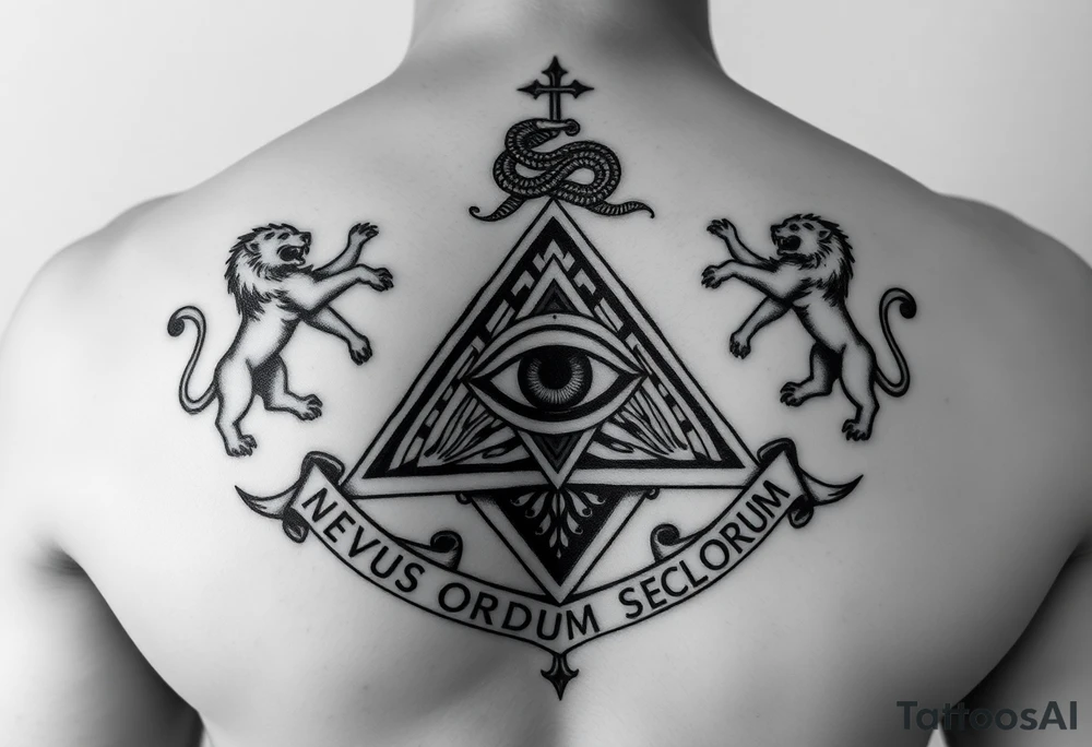 Pyramid with eye in the center, diamond with snake on the top,lions on corners,surrounded by words - novus ordum seclorum tattoo idea