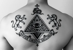 Pyramid with eye in the center, diamond with snake on the top,lions on corners,surrounded by words - novus ordum seclorum tattoo idea