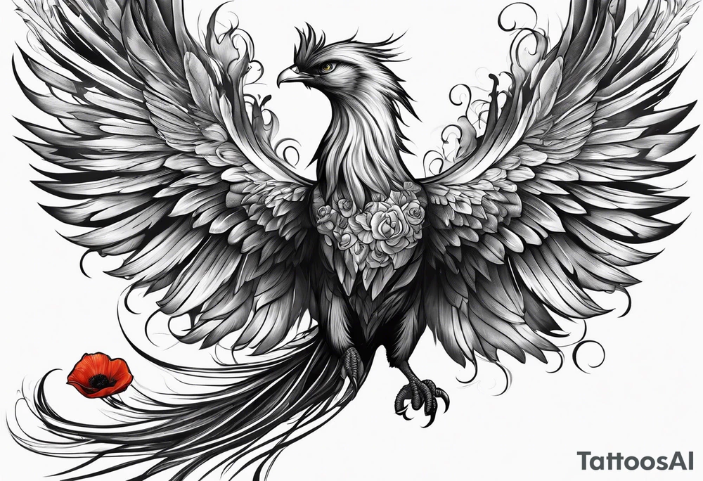 elongated phoenix in flight 
in profile long tail with claws holding poppies falling tattoo idea