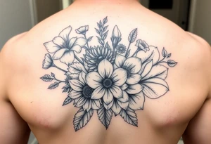 Bouquet flowers of poppy, gladiolus, holly, narcissistic, poinsettia, daisy, and sweet pea tattoo idea