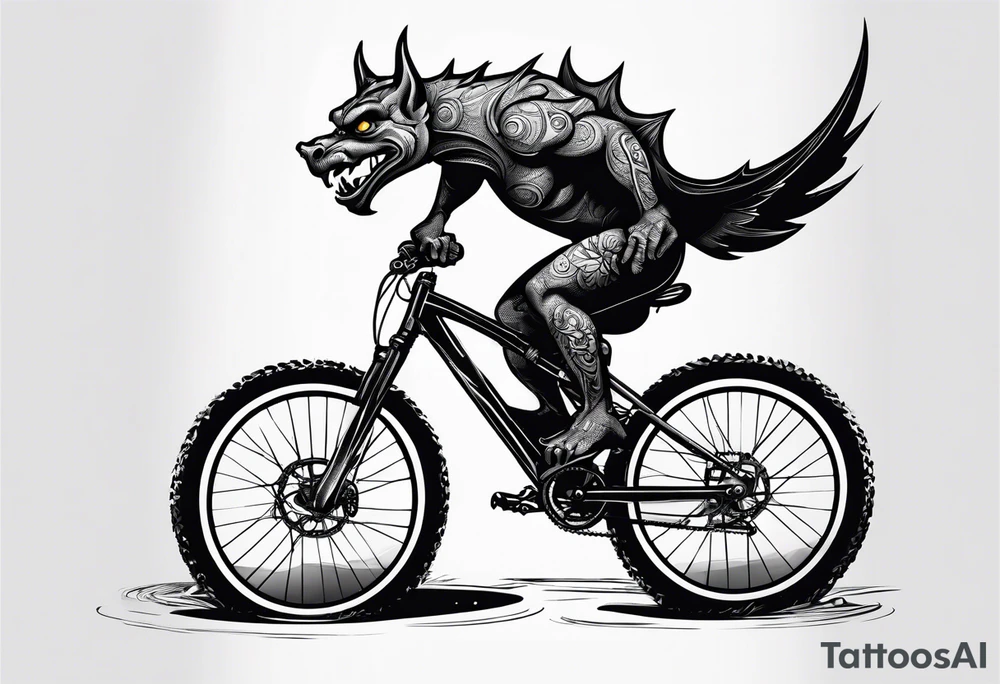 gargoyle riding a full suspension mountain bike with a shadow no background tattoo idea